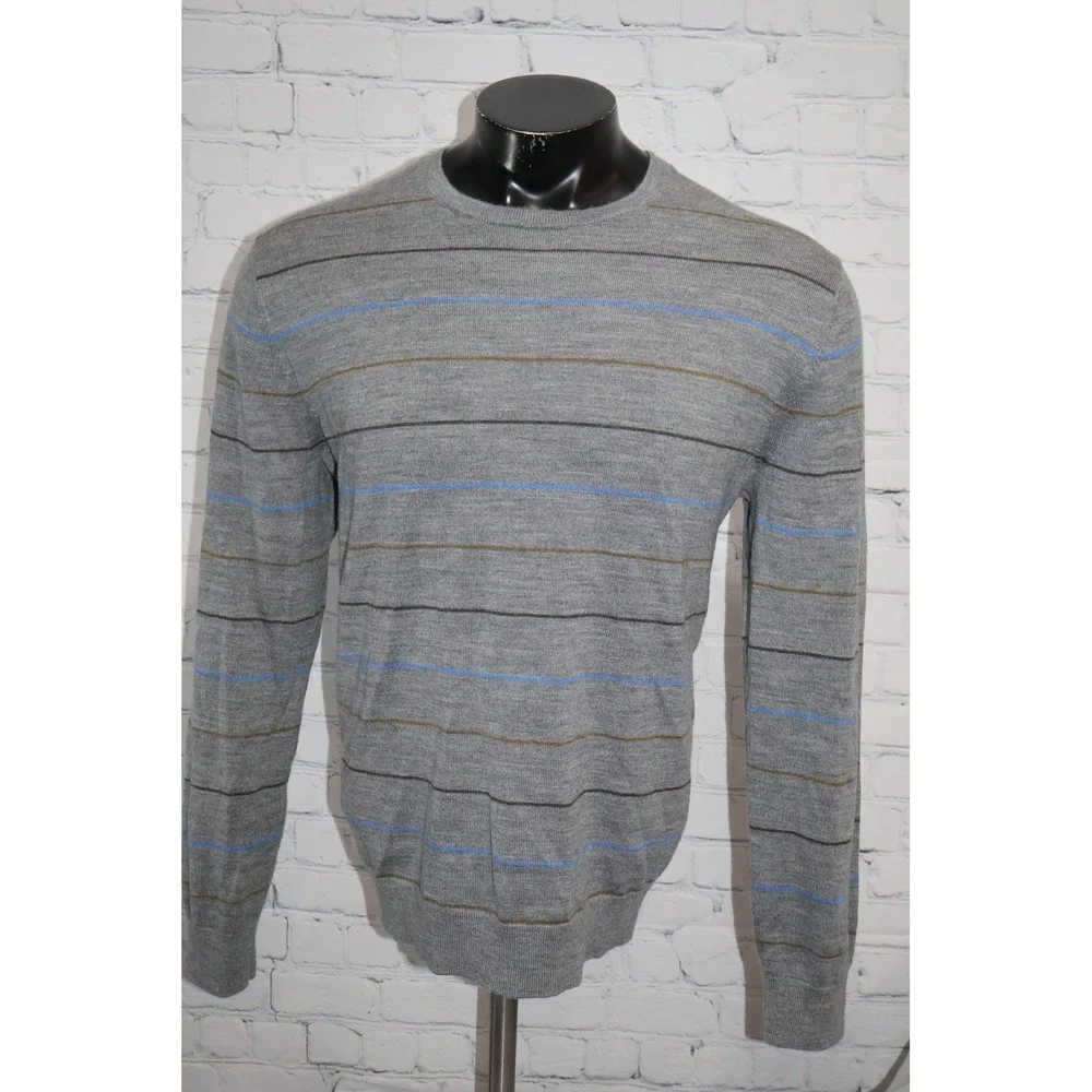 Banana Republic Sweater Mens XL Gray Striped Merino Wool Crew Neck Long Sleeve